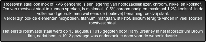 Roestvast staal ook inox of RVS genoemd is een legering van hoofdzakelijk ijzer, chroom, nikkel en koolstof. Om van roestvast staal te kunnen spreken, is minimaal 10,5% chroom nodig en maximaal 1,2% koolstof. In de volksmond gebruikt men wel eens de (foutieve) benaming roestvrij staal. Verder zijn ook de elementen molybdeen, titanium, mangaan, stikstof, silicium terug te vinden in veel soorten roestvast staal.
Het eerste roestvaste staal werd op 13 augustus 1913 gegoten door Harry Brearley in het laboratorium Brown firth, nadat hem in 1912 gevraagd was onderzoek te doen voor de wapenindustrie.
